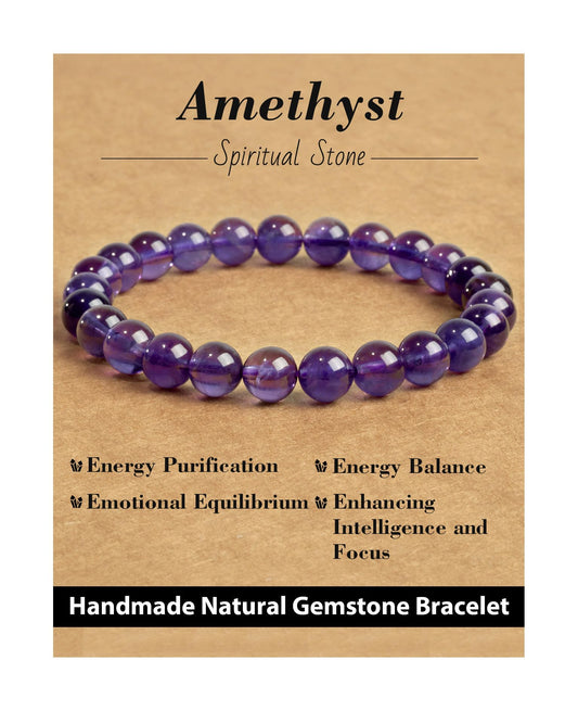Landorilo Beaded Bracelet for Men Women, 8mm Natural Stone Amethyst Healing Crystal Stretch Bracelets, Ideal Christmas Birthday Jewelry Gifts with Energy Card，Replacement Beads Included