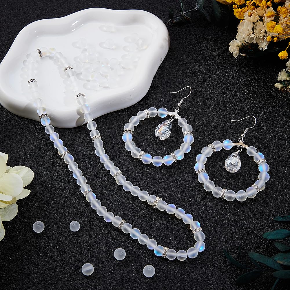 PONABEADIY 1 Box 120PCS 6MM Matte Moonstone Round Beads with Holes Frosted White Transparent Clear Spacer Loose Gemstone Stone Crystal Bead Bulk for Jewelry Making Necklace Bracelet Diy Craft Supplies