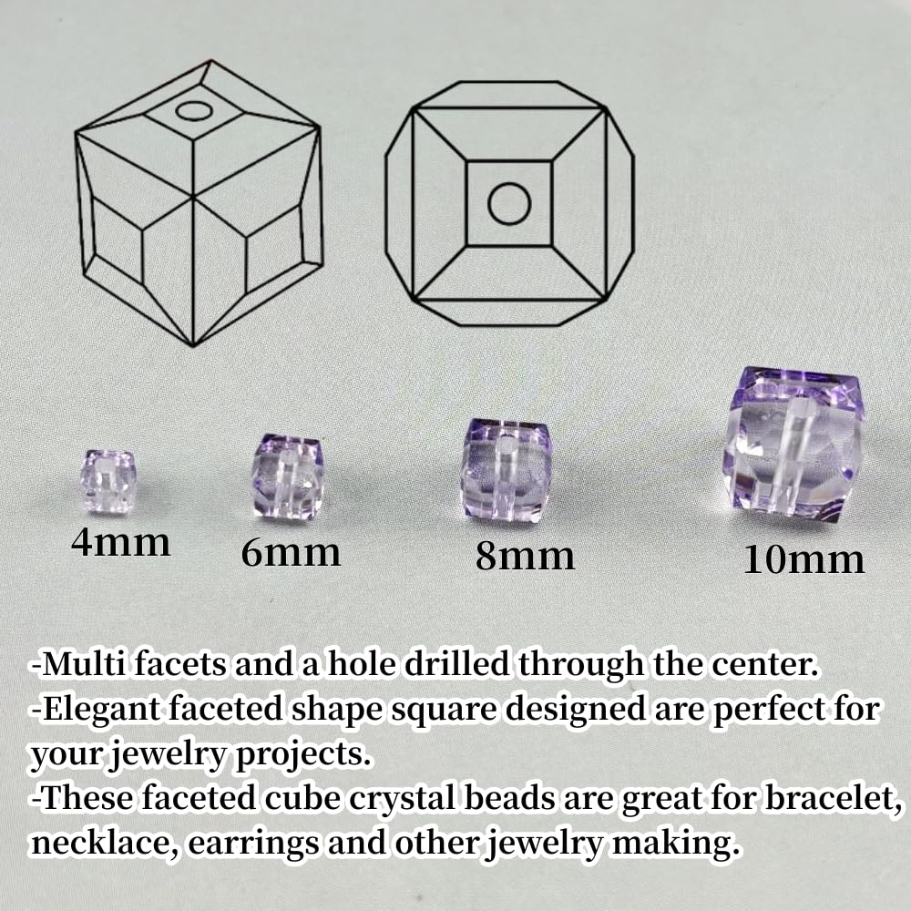 YUEXIGO 200pcs 4mm Cube Crystal Glass Beads for Jewelry Making Faceted Square Crystal Glass Bead Spacer Beads Loose Beads for Bracelet Earring Necklace DIY Craft(Crystal Purple)