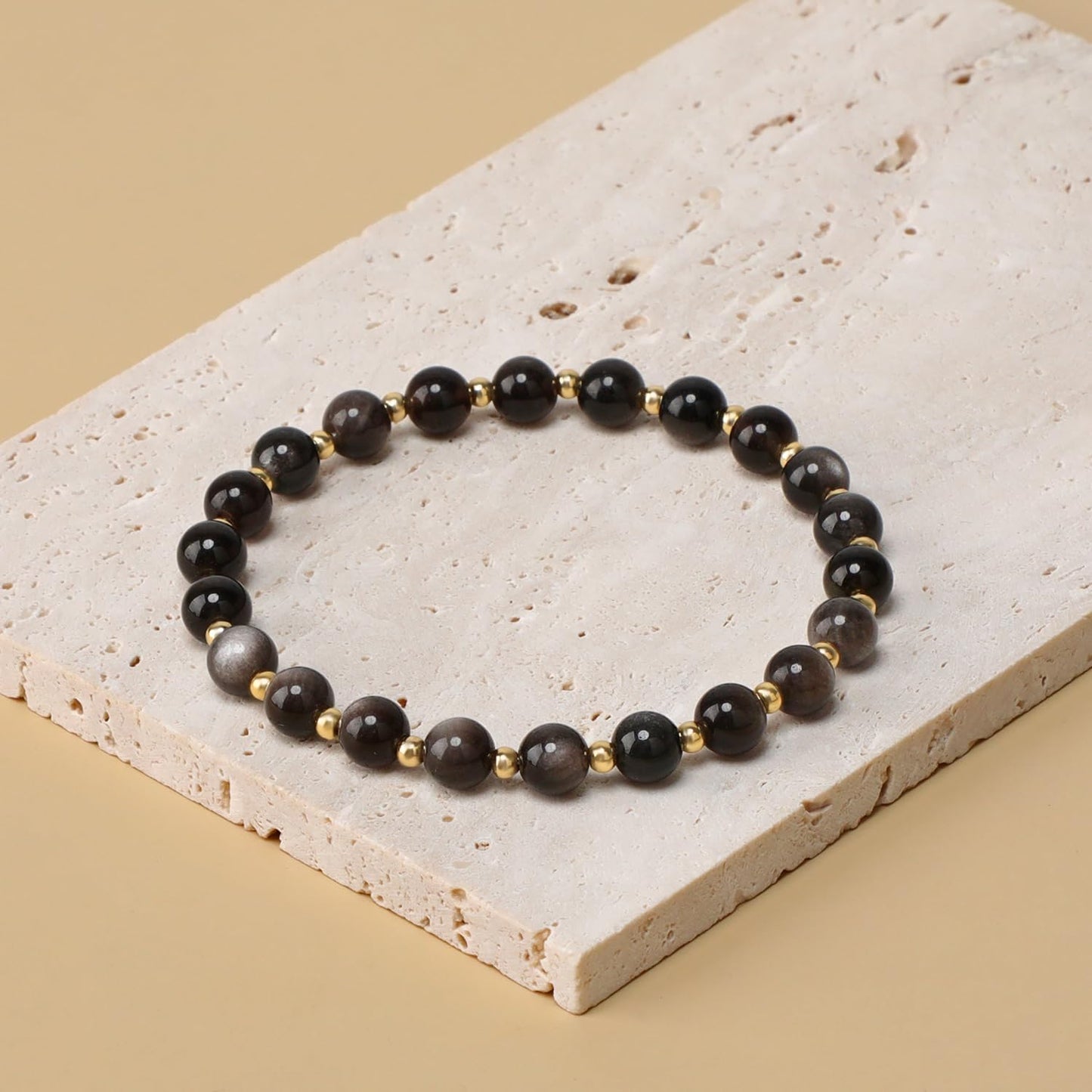 QOGIR Silver Obsidian - Fortune and Strength - 14K Gold Plated Beads Natural Gemstone Stretch Elastic Dainty Healing Beaded Bracelets Gifts 6mm
