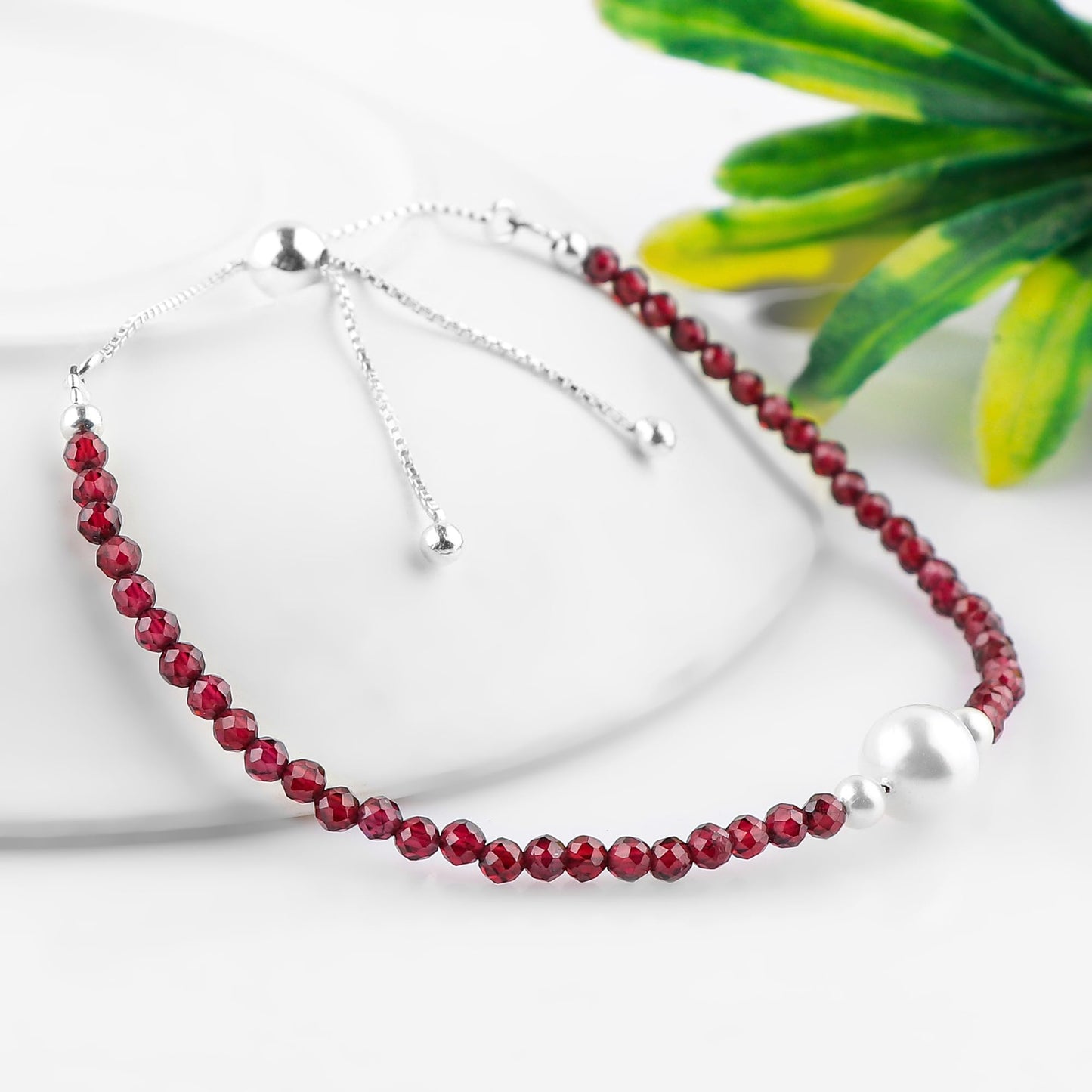 CRYSTALINES Natural Garnet Gemstone Bolo Bracelet, Cultured Pearl Beads Stones, Handmade Hypoallergenic Boho Jewelry for Women, Healing Crystals, Silver Chain 6+4inch, January Birthday Gift