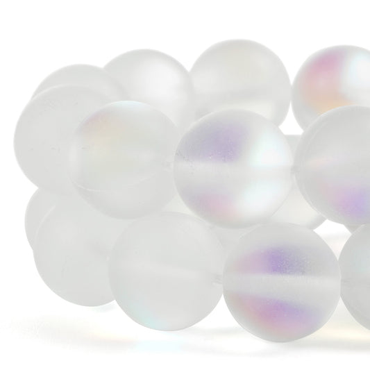 RUBYCA 6mm Round Moonstone Matte Crystal Glass Beads Aura for Jewelry Making White, 1 Strand