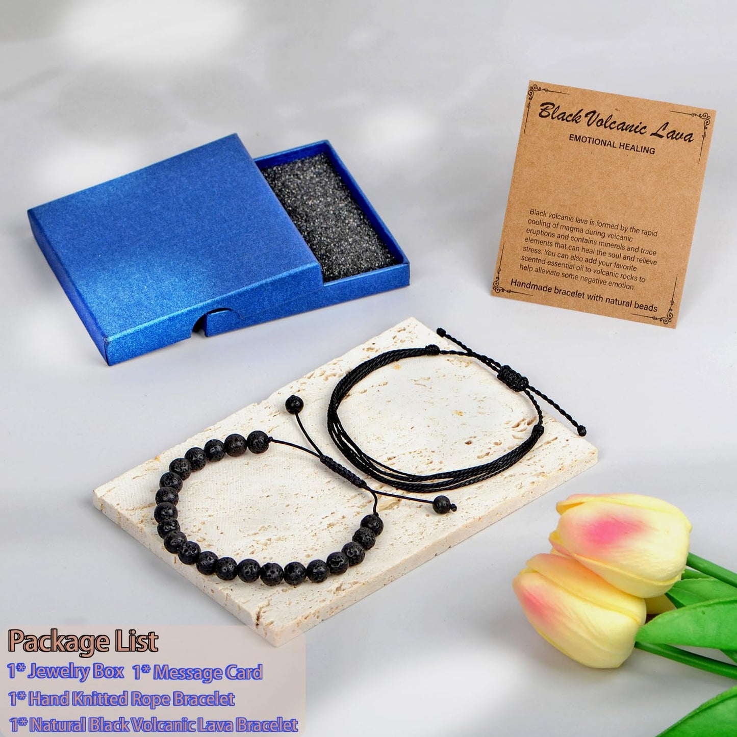 LPBeads 8mm Black Lava Bracelet with Handmade Rope Bracelet Size Adjustable Natural Stone Crystal Healing Bracelets Gifts for Unisex Adults