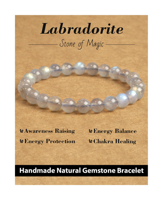Landorilo Beaded Bracelet for Men Women, 8mm Natural Stone Labradorite Healing Crystal Stretch Bracelets, Ideal Christmas Birthday Jewelry Gifts with Energy Card，Replacement Beads Included