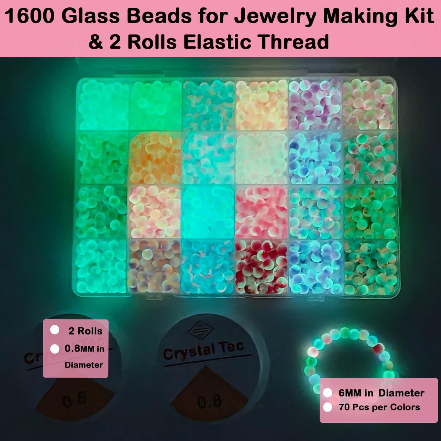 JHYlilia Glow in The Dark Glass Beads for Jewelry Making, 1600Pcs 6MM 24 Grids Crystal Gemstone Beads Round Spacer DIY Craft Bead for Bracelet Necklace Earrings Phone Lanyard Wedding Decor