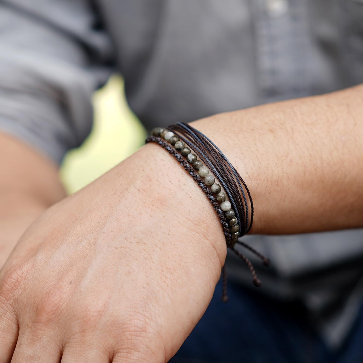 Handmade Natural Stone Beaded Healing Bracelet Gift for Men Adjustable Rope String Bracelet (Pyrite associated with white quartz ore)