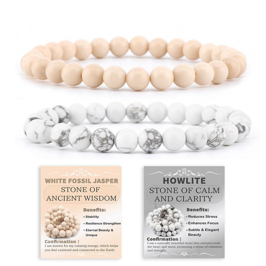 NCB 2-Piece 6mm Natural Crystal Gemstone Stretch Bracelets – ﻿Howlite, White Fossil Jasper Handmade Reiki Energy Healing Jewelry for Meditation,Yoga, Unisex