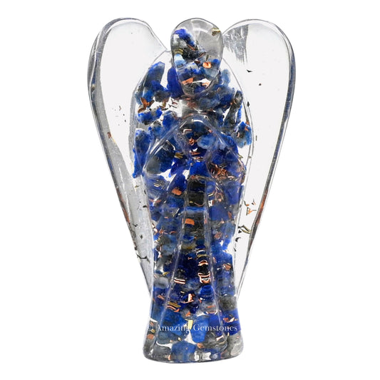 Amazing Gemstone Lapis Lazuli Guardian Angel Figurine Pocket Crystal Angel for Protection - Orgone Guardian Angel with Orgonite Layer and Natural Crystal for Healing Gift (2 Inch, Organite)