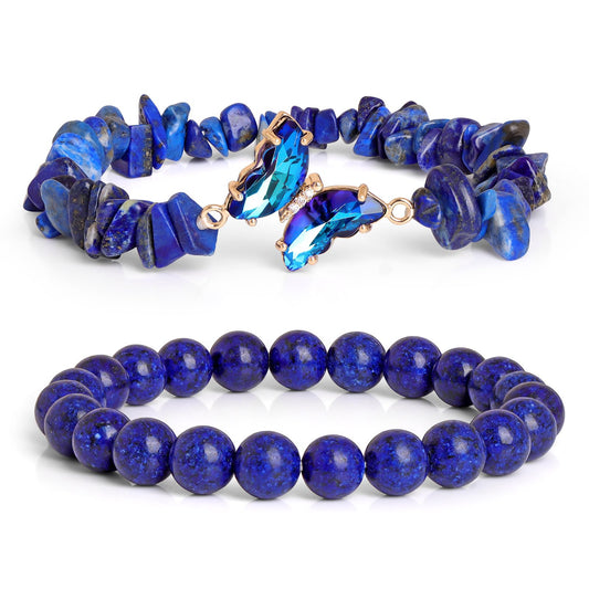 GolbalJew Lapis Lazuli Stone Bracelet for Women Healing Crystal Stone Bracelets Blue Gemstone Beads Stretch Bracelet Butterfly Charms Jewelry Women Gift