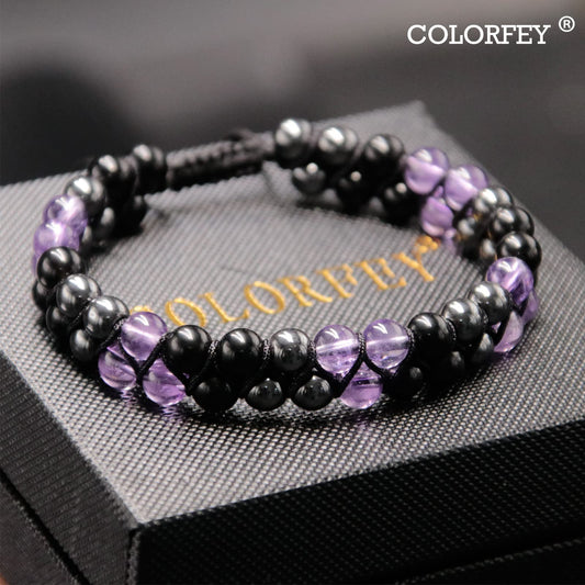 Triple Protection Bracelet for Women, Genuine Healing Crystal Bracelet Amethyst Black Obsidian Hematite 6mm, Pyramid Energy Crystal Beads Bracelets Stone Bracelets for Mom Wife for Protection Balance
