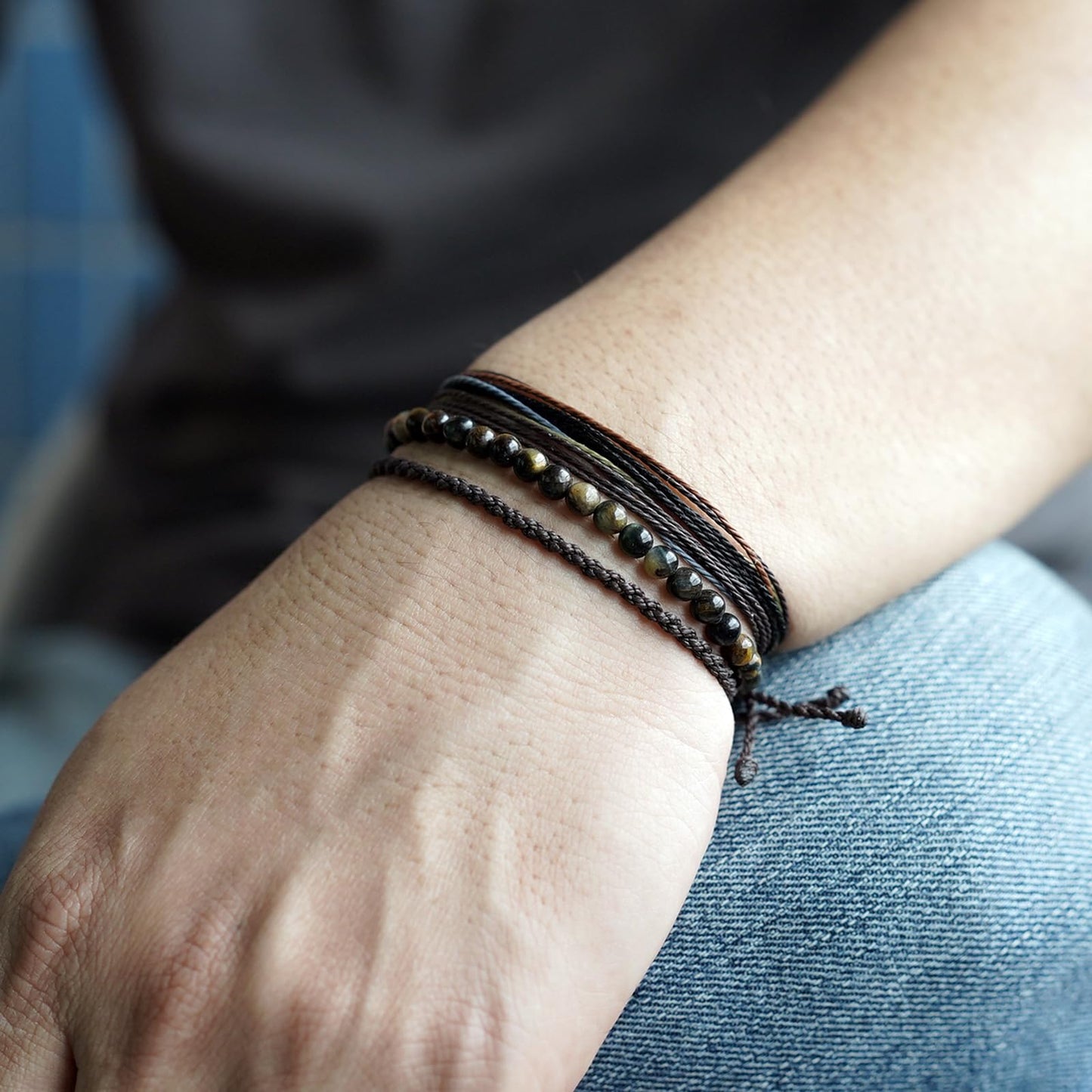 Mezcla Vida Handmade Natural Stone Beaded Healing Bracelet Gift for Men Adjustable Rope String Bracelet (Tiger Eye（Dark）, Adjustable)