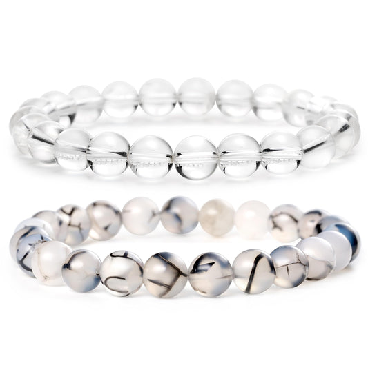 Bivei Natural Gemstone Semi Precious Crystals Handmade Stretchy Round Beads Bracelet, Enhance Positive Energy,Stocking Stuffers for Women(Clear Quartz & Dragon Vein Agate（Master Healer） Medium)