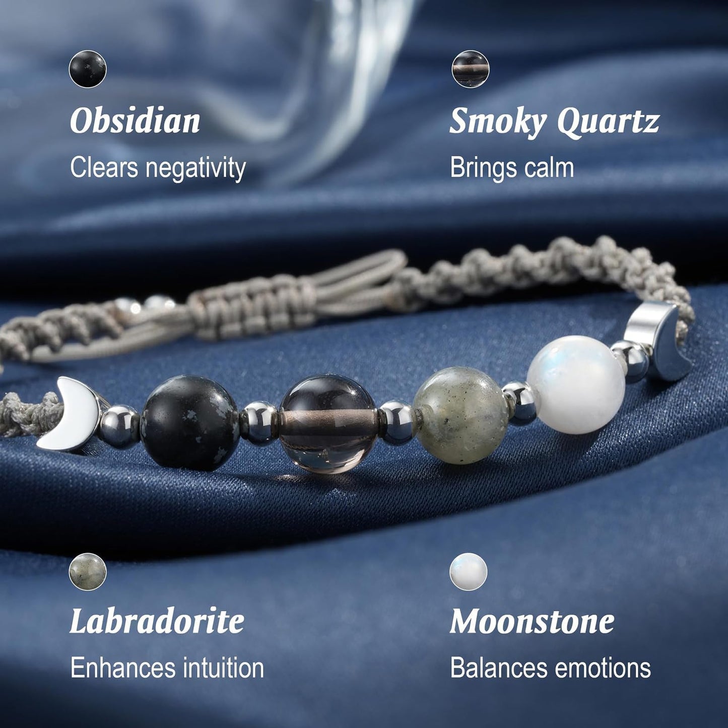 KOFISNI Moonstone Healing Bracelet for Women Negative Energy Hope Bracelet for Women Blocker Black Obsidian Bracelets First Time Mom Gifts Mothers Day Friendship Gifts for Him Her (Moon Phase)