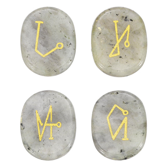 MECCANIXITY 4Pcs Engraved Chakra Stones with Reiki Symbols, Labradorite Reiki Healing Crystal Gemstone 7 Chakra Crystal Stones Tumbled Palm Stone for Anxiety Relieve
