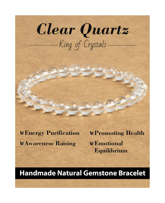 Landorilo Beaded Bracelet for Men Women, 6mm Natural Stone Clear Quartz Healing Crystal Stretch Bracelets, Ideal Christmas Birthday Jewelry Gifts with Energy Card，Replacement Beads Included