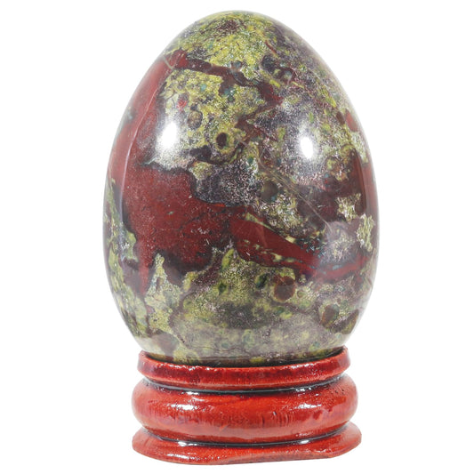 Casaper 2" Natural Dragon Bloodstone Egg with Wood Stand for Home Decoration, Polished Crystal Pocket Palm Sphere Fengshui Figurines Healing Reiki