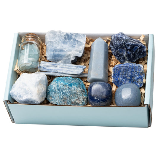 Crystal Color Collection – Blue Crystal Natural Stones Set (Lapis Lazuli Celestite Angelite Blue Sodalite Apatite Calcite Kyanite Aventurine) Healing Crystals for Meditation, Reiki, Home Decor