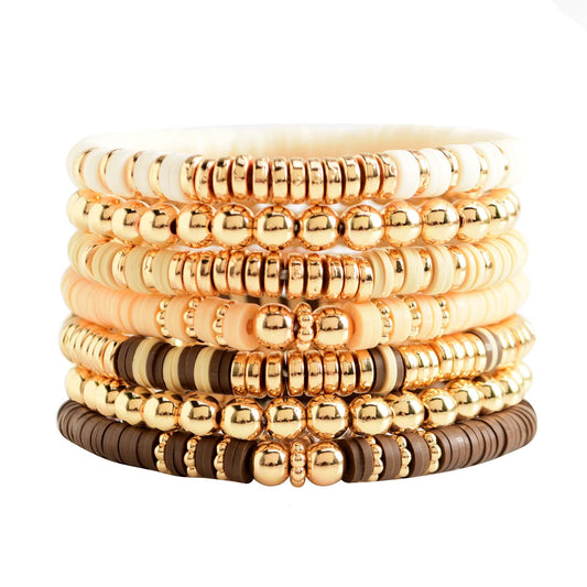 GOOJIDS Surfer Heishi Clay Bead Bracelets for Women Bohemian Stackable Gold Plated Beaded Stretch Bracelets Elastic Layering Friendship Bracelets Set Boho Jewelry