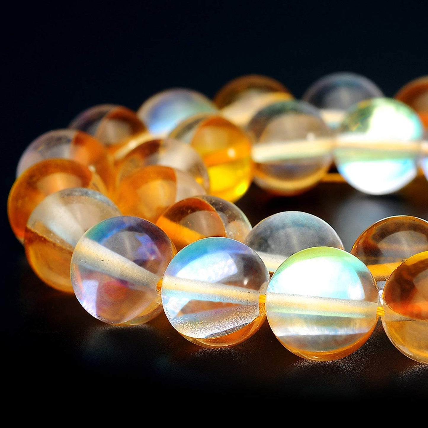 RUBYCA Round Moonstone Crystal Glass Beads Aura Iridescent for Jewelry Making (1 Strand, 12mm, Gold)