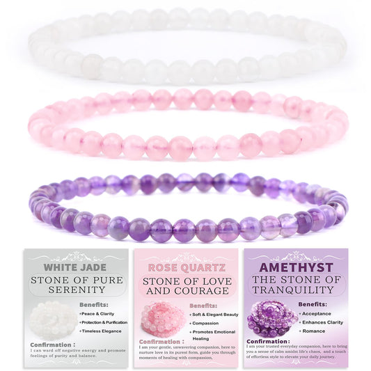 CMBYN 3-Pieces 4mm Natural Crystal Gemstone – ﻿Amethyst, Pink Quartz, White Jade Handmade Reiki Energy Healing Stretch Bracelets Jewelry for Yoga, Meditation, Unisex