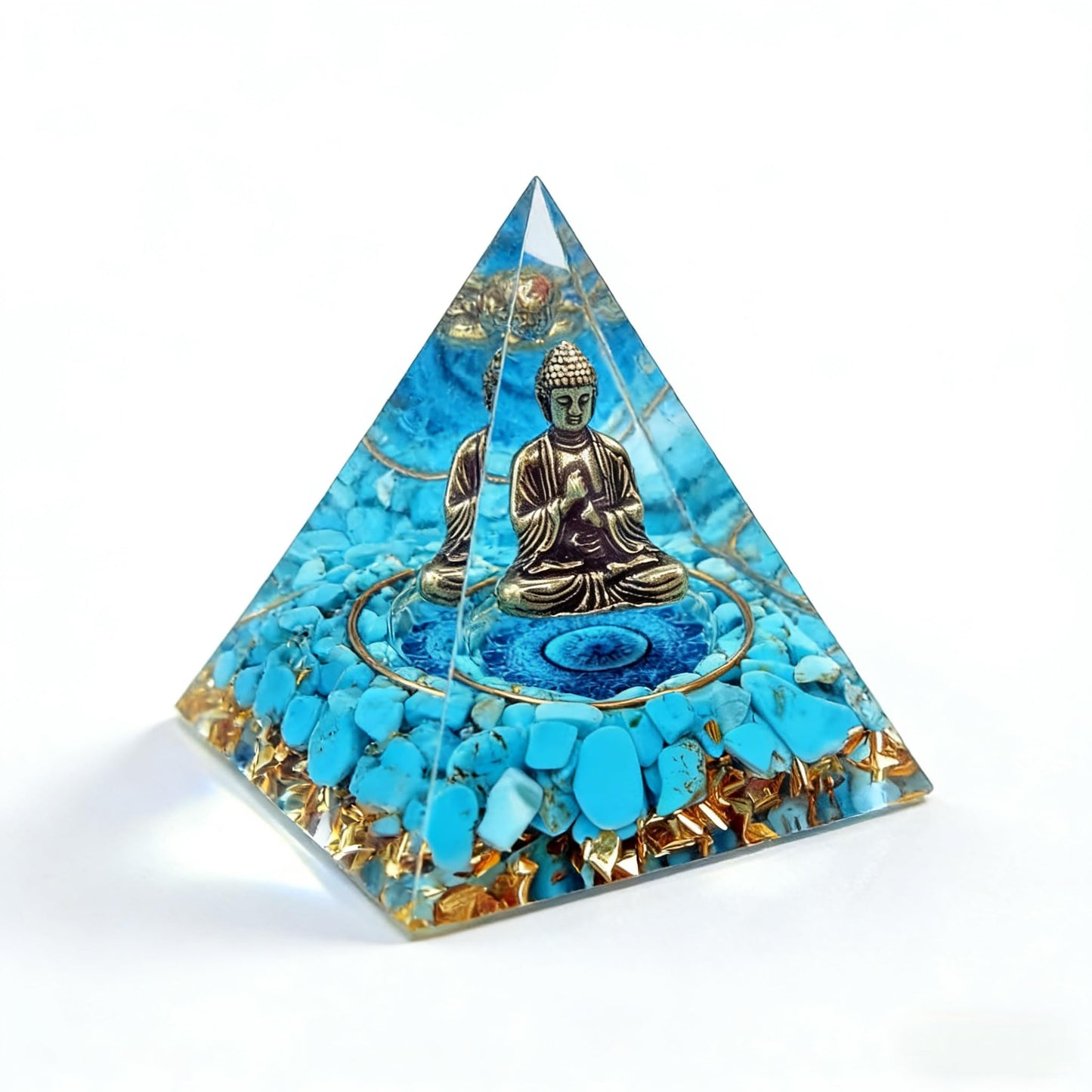 ycyingcheng Moonstone Crystal Orgone Pyramid, Turquoise Ogan Crystal Energy Tower, Bronze Statue Buddha Sculpture Crystal Pyramid for Home Decor (Crystal Pyramid-23)