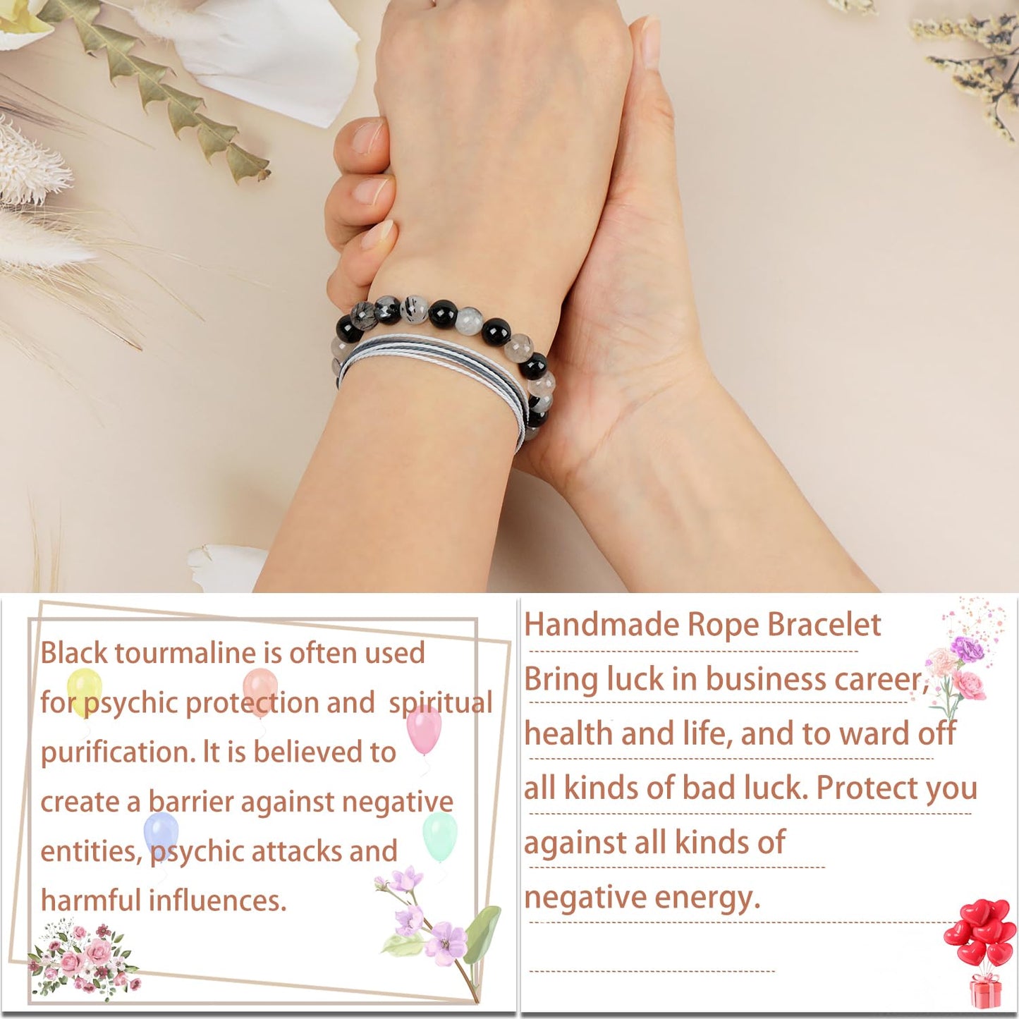 LPBeads 8mm Black Rutilated Bracelet with Handmade Rope Bracelet Size Adjustable Natural Stone Crystal Healing Bracelets Gifts for Unisex Adults