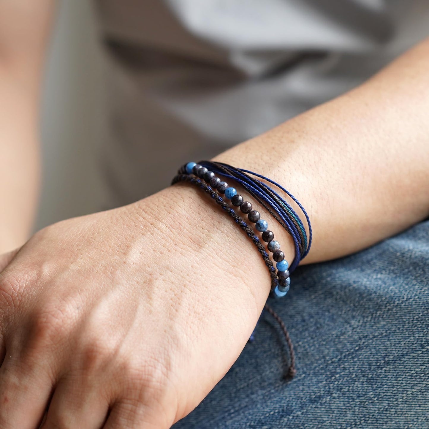 Handmade Natural Stone Beaded Healing Bracelet Gift for Men Adjustable Rope String Bracelet (DarkBlue/Coffee Jasper, Adjustable)