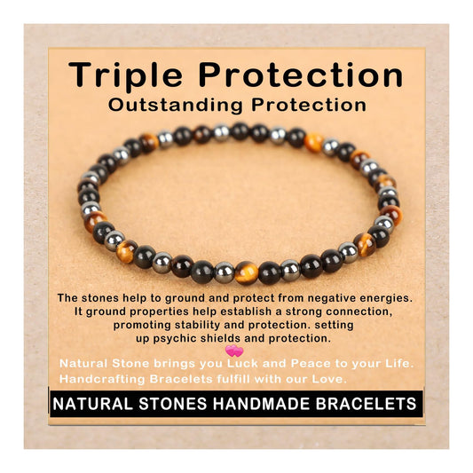 AD Beads Handmade Gemstone Stretch Elastic Bracelet Crystal Healing Reiki Nature's Beauty and Spiritual Essence Unisex (4mm, Triple Protection (Strong Protect))