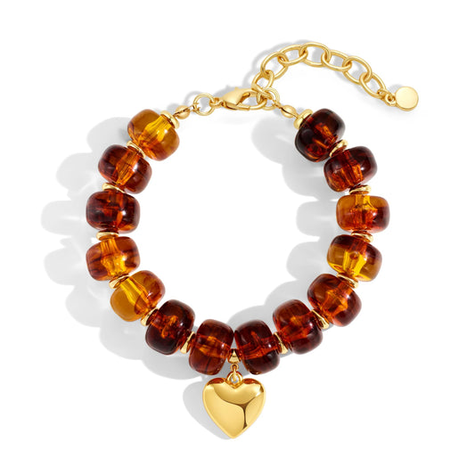 ENSKEFEN Brown Beaded Bracelets for Women Trendy Gold Heart Charm Bracelet Chunky Acrylic Resin Beads Bracelet Summer Vintage Statement Bracelets