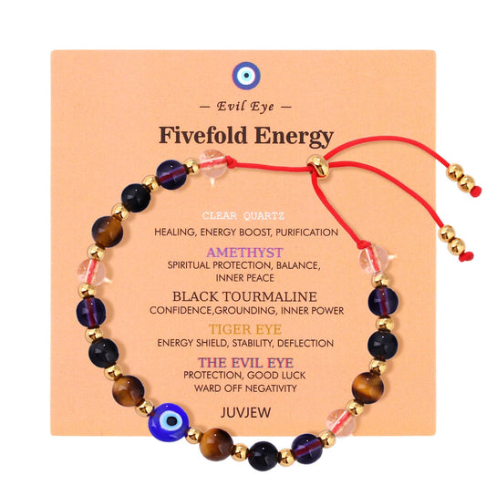 Cute Evil Eye Bracelet Red Black - Natural Crystal Protection Adjustable Spiritual Guardian Jewelry- 5 Healing Stones Clear Quartz Amethyst Black Tourmaline Tiger Eye Bracelet Adjustable (Blue Eye-Red Rope)