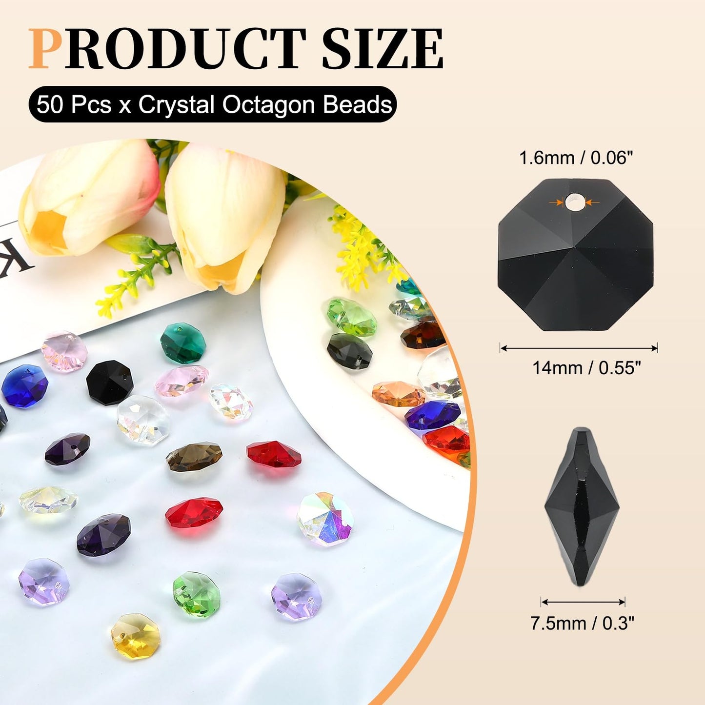 uxcell 50Pcs 1 Hole Crystal Octagon Beads, 14mm K9 Glass Hanging Chandelier Beads Prisms Parts for Crystal Chandeliers Lamp Hanging Pendant Jewelry DIY Craft, Black