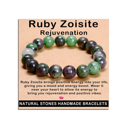 AD Beads Handmade Gemstone Stretch Elastic Bracelet Crystal Healing Reiki Nature's Beauty and Spiritual Essence Unisex (10mm, Ruby Zoisite (Rejuvenation))