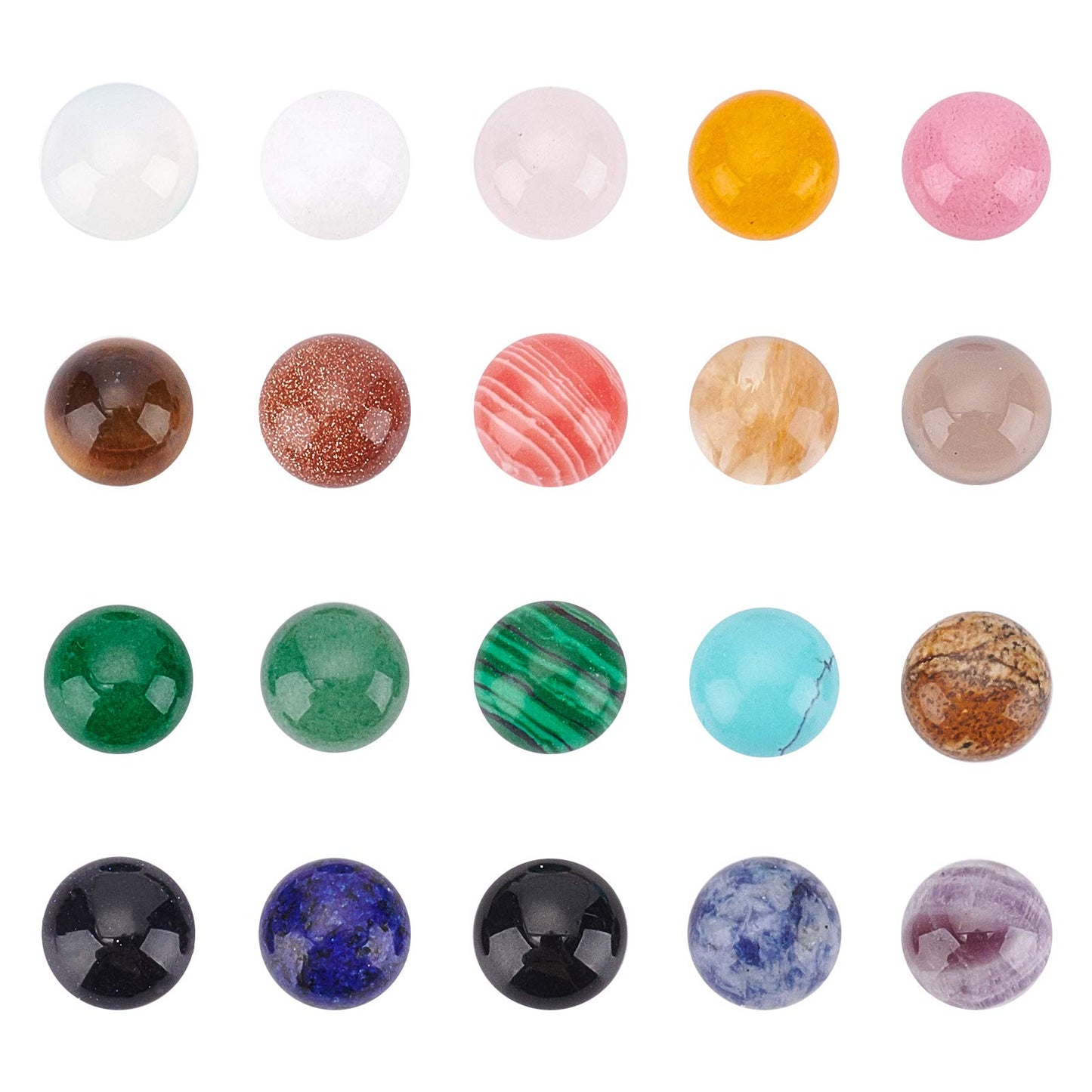 SUPERFINDINGS 40pcs 10mm Half Round Natural Cabochon 20 Color Flat Back Gemstone Cabochon Healing Quartz Chakra Crystal Stone for Bracelet Necklace Jewelry Making
