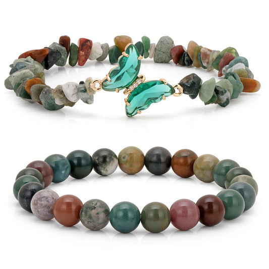 GolbalJew Indian Agate Beaded Bracelet for Women Healing Crystal Stone Beads Stretch Bracelets Butterfly Charms Jewelry Women Gift
