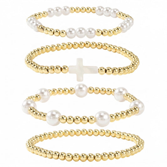 Bohxantium Stackable Gold Beaded Bracelets for Women - Stretch 14K Gold Beads Boho Pearl Cross Bracelet Stack Non Tarnish Trendy Jewelry Set Friendship Christian Gift for Women