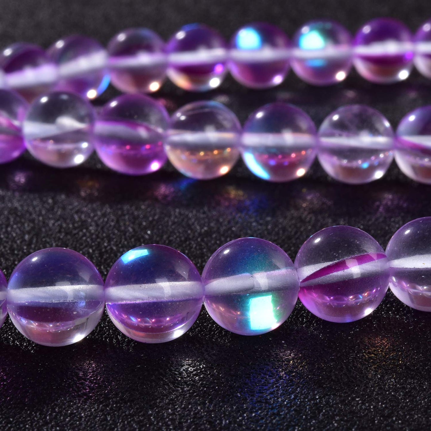 Asingeloo 60PCS 6mm Purple Angel Aura Round Gemstone Polished Mermaid Aura Moonstone Smooth Stone Loose Beads Crystal Quartz for DIY Jewelry Making 1 Strand 15'