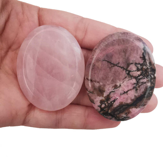 Loveliome Rhodonite and Rose Quartz Thumb Worry Stone, Stress Relax Healing Reiki Crystal Pocket Palm Stones,Pack of 2