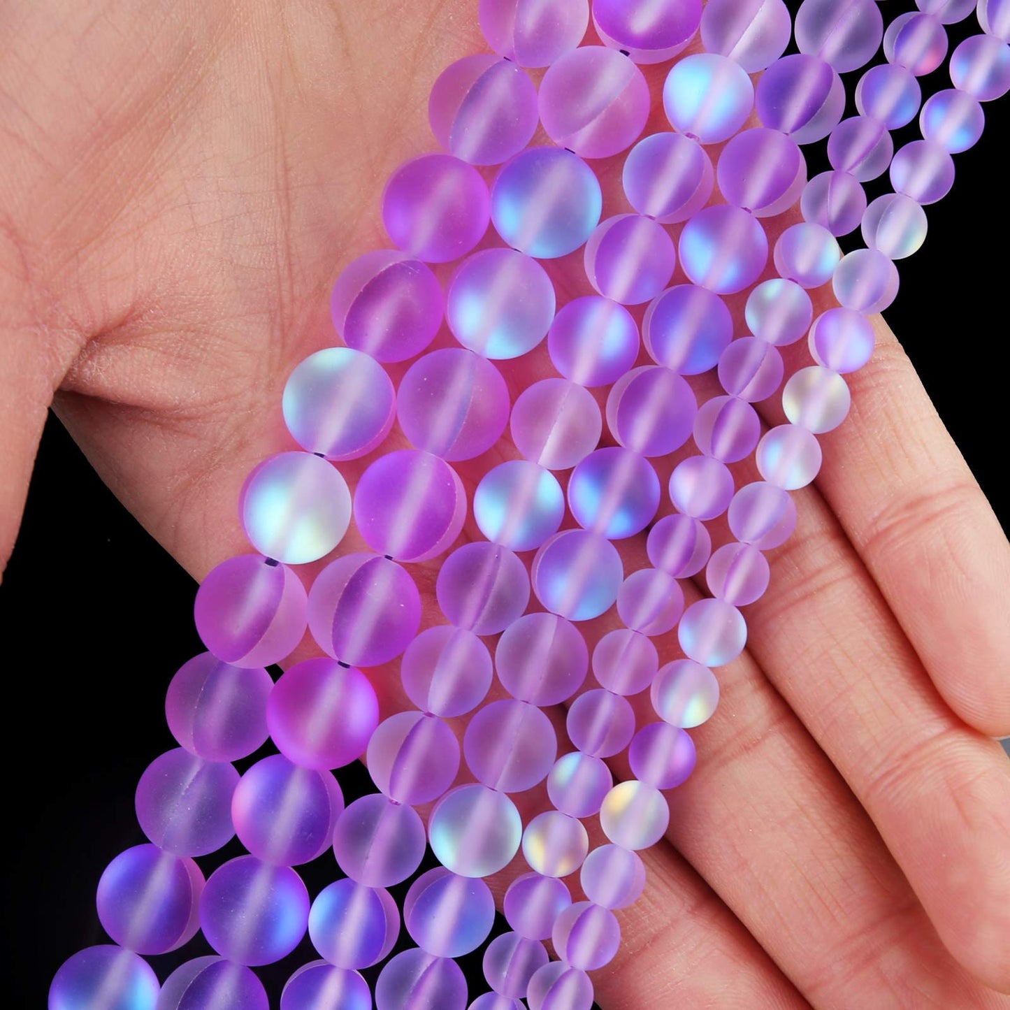 Matte Purple Aurora Crystal Glass Beads, 6MM Frosted Glitter Shining Mermaid Round Loose Beads, Rainbow Holographic Synthetic Moonstone for Jewelry Making DIY Bracelet