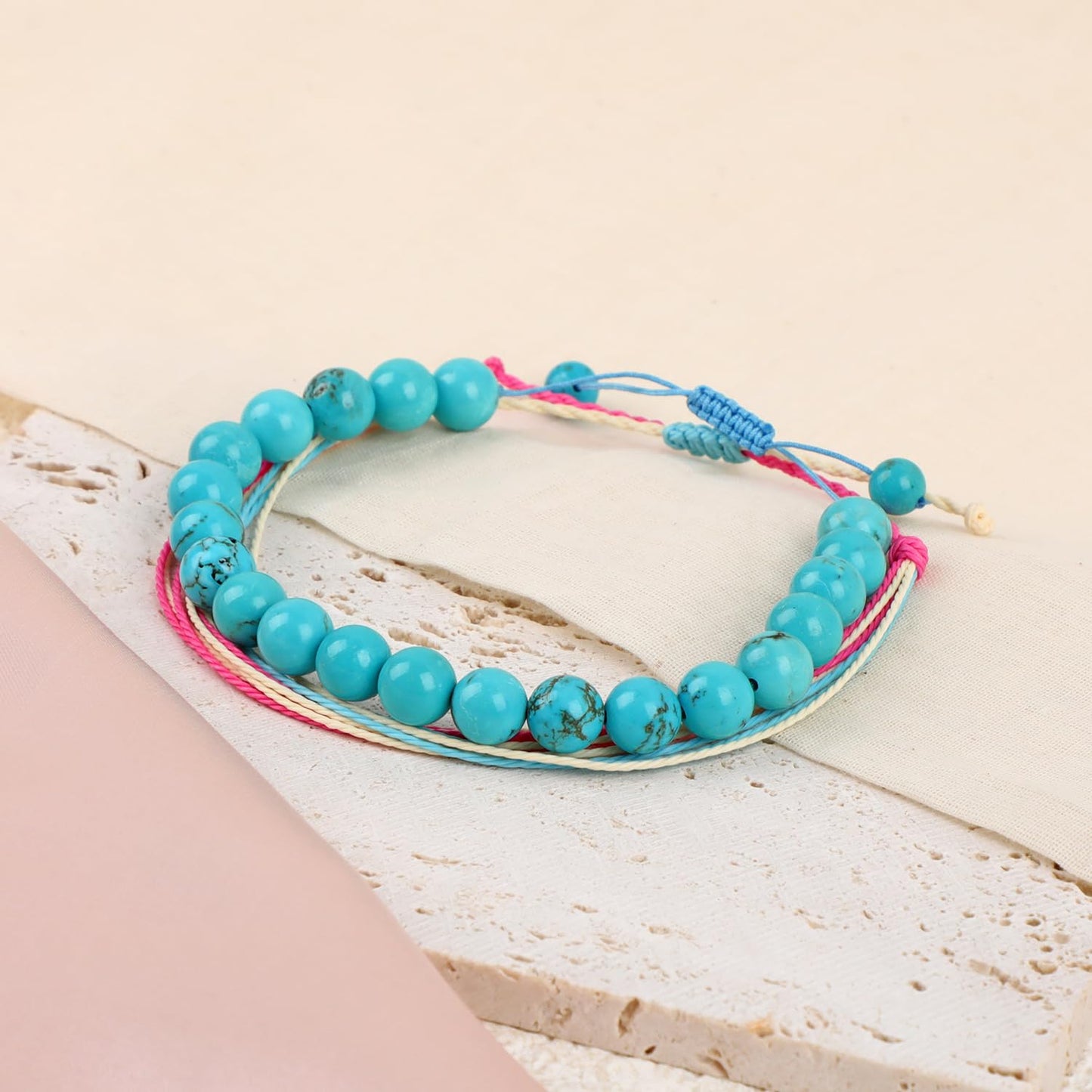 LPBeads 8mm Blue Turquoise Bracelet with Handmade Rope Bracelet Size Adjustable Stone Crystal Healing Bracelets Gifts for Unisex Adults
