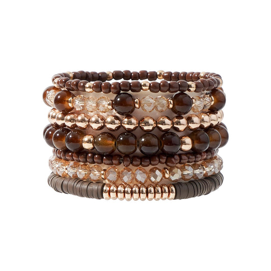 GOOJIDS Brown Surfer Heishi Clay Bead Bracelets for Women Bohemian Stackable Gold Plated Beaded Stretch Bracelets Elastic Layering Friendship Bracelets Set Boho Jewelry