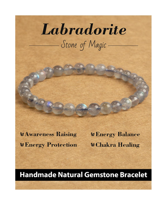 Landorilo Beaded Bracelet for Men Women, 6mm Natural Stone Labradorite Healing Crystal Stretch Bracelets, Ideal Christmas Birthday Jewelry Gifts with Energy Card，Replacement Beads Included