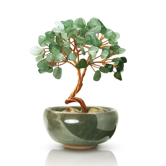 Janyortrenner Green Aventurine Crystal Tree,Harmony Office Desk Home Decor,Vitality Gift with Copper Wire in Ceramic Base