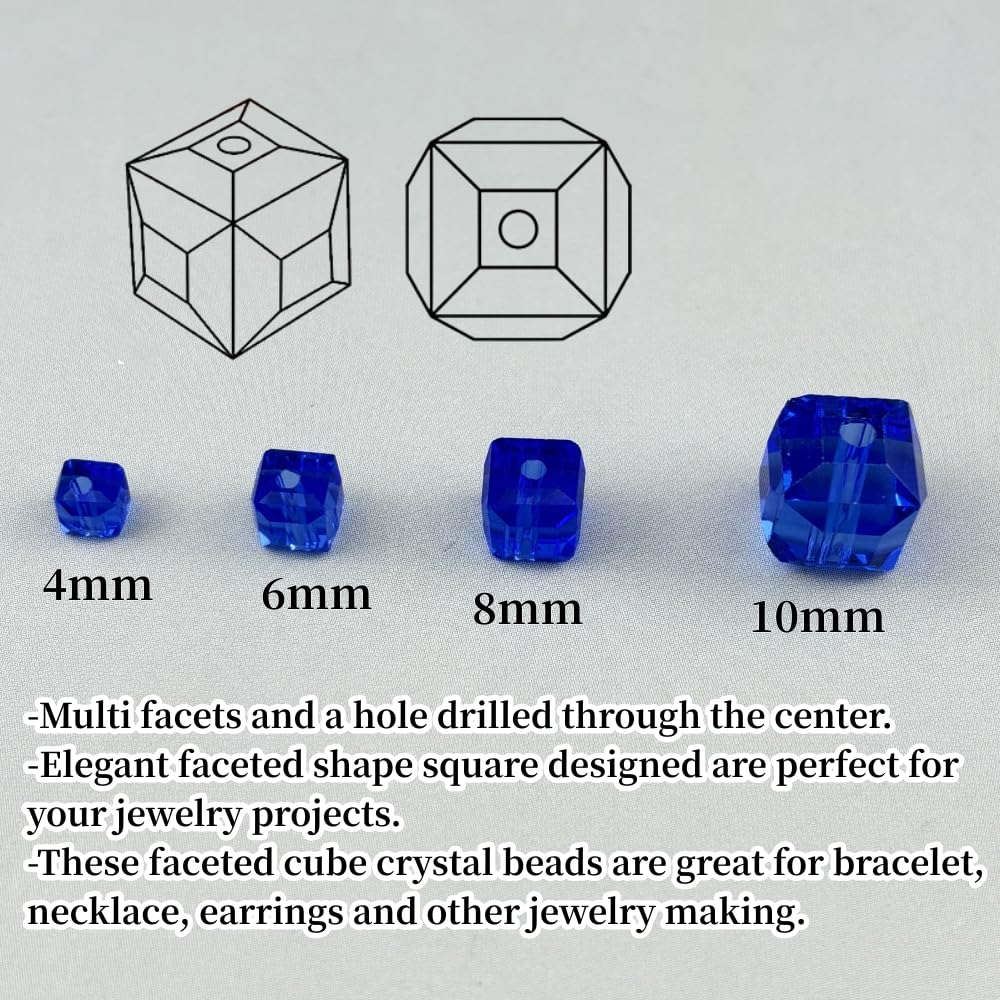 YUEXIGO 200pcs 4mm Cube Crystal Glass Beads for Jewelry Making Faceted Square Crystal Glass Bead Spacer Beads Loose Beads for Bracelet Earring Necklace DIY Craft(Blue)