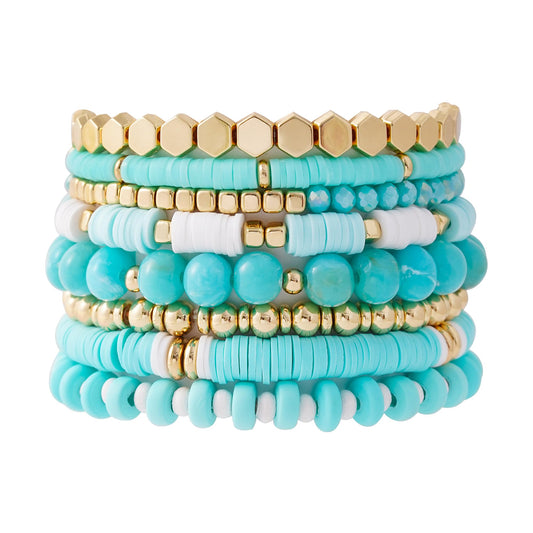 GOOJIDS Surfer Heishi Clay Bead Bracelets for Women Bohemian Stackable Gold Plated Beaded Stretch Bracelets Elastic Layering Friendship Bracelets Set Boho Jewelry