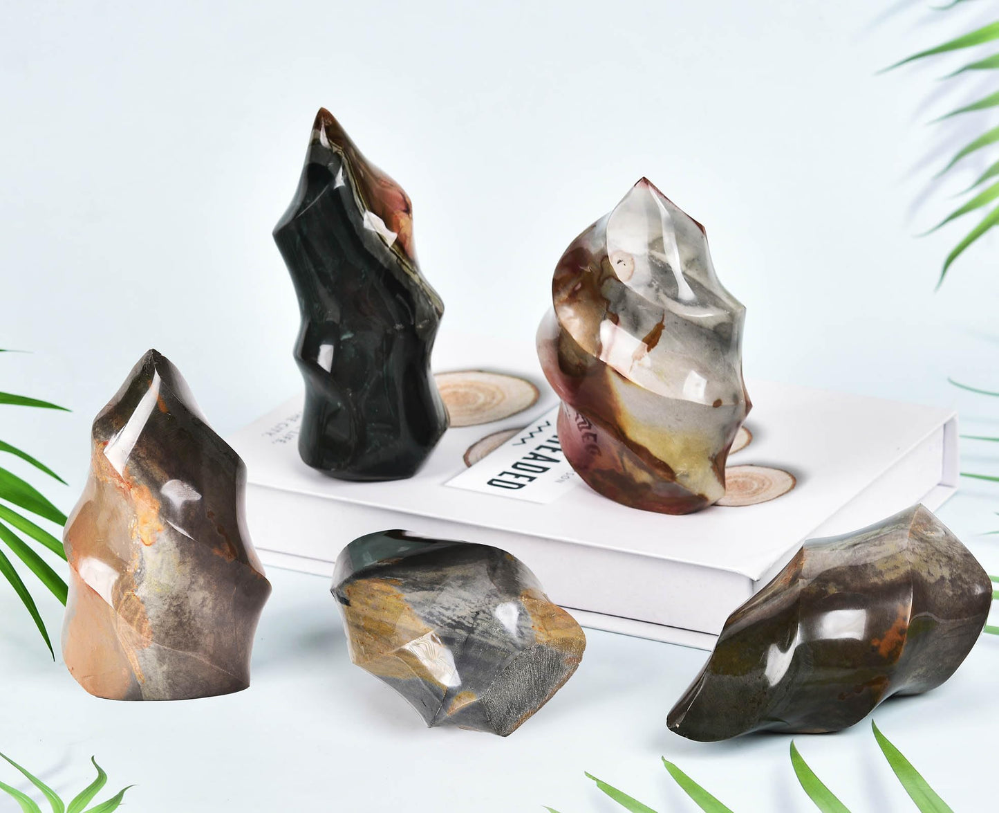 AMOYSTONE Polychrome Jasper Flame Shaped Stone Towers Obelisk Natural Healing Crystal Quartz Reiki Energy Decoration Home Office 0.6-1.0LBS