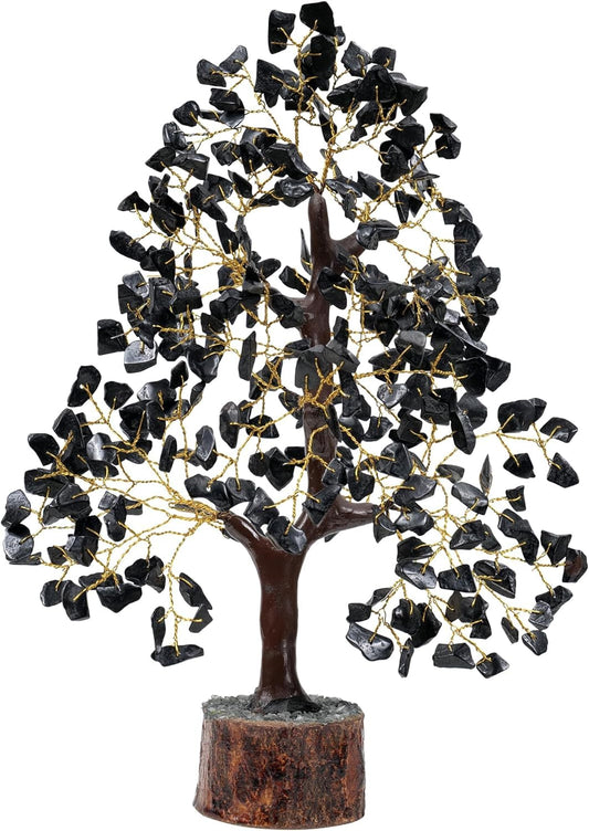 WC Black Tourmaline Chakra Tree of Life - Crystal Tree for Positive Energy, Handmade Gemstone Tree Good Luck Balck Healing Crystals for Sacral Chakra, Prosperity Gift Feng Shui Decor (300 Beads)