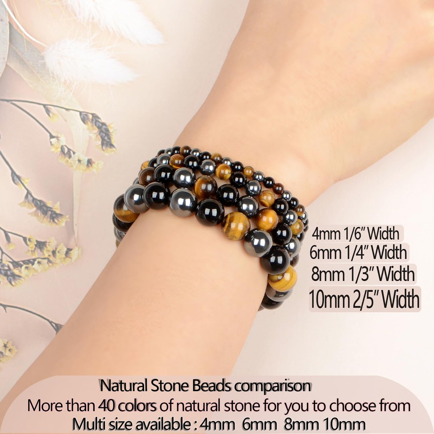 LPBeads Handmade Natural Gemstone Stretch Elastic 8mm Onyx Tiger Hematite Mixed Stone Bracelet Healing Crystal Round Stone Beads Jewelry Gifts for Women Men