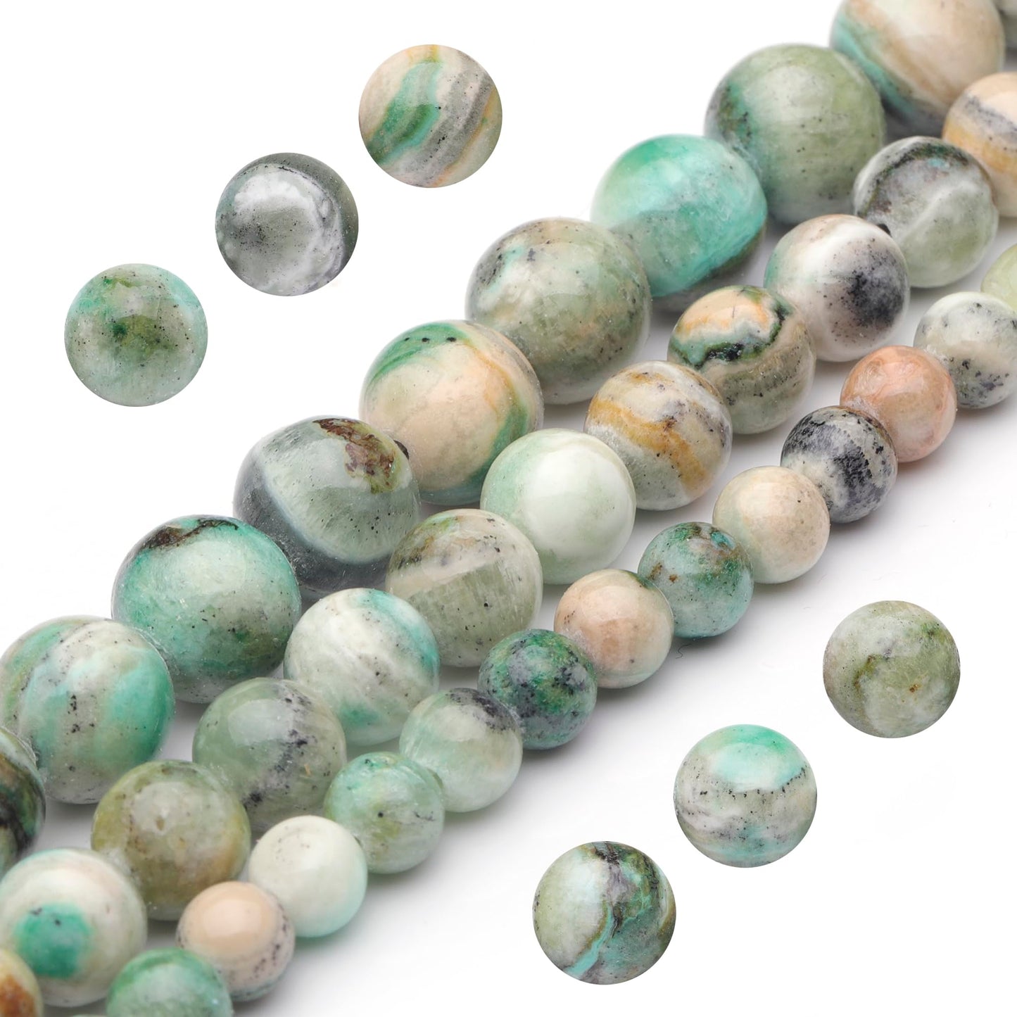 Youngbling Natural Gemstone Beads for Jewelry Making,10mm Green Stripe Stone Polished Round Smooth Stone,Genuine Real Stone Red Beads for Bracelet Necklace 15 Inch(Green Stripe Stone,10mm)