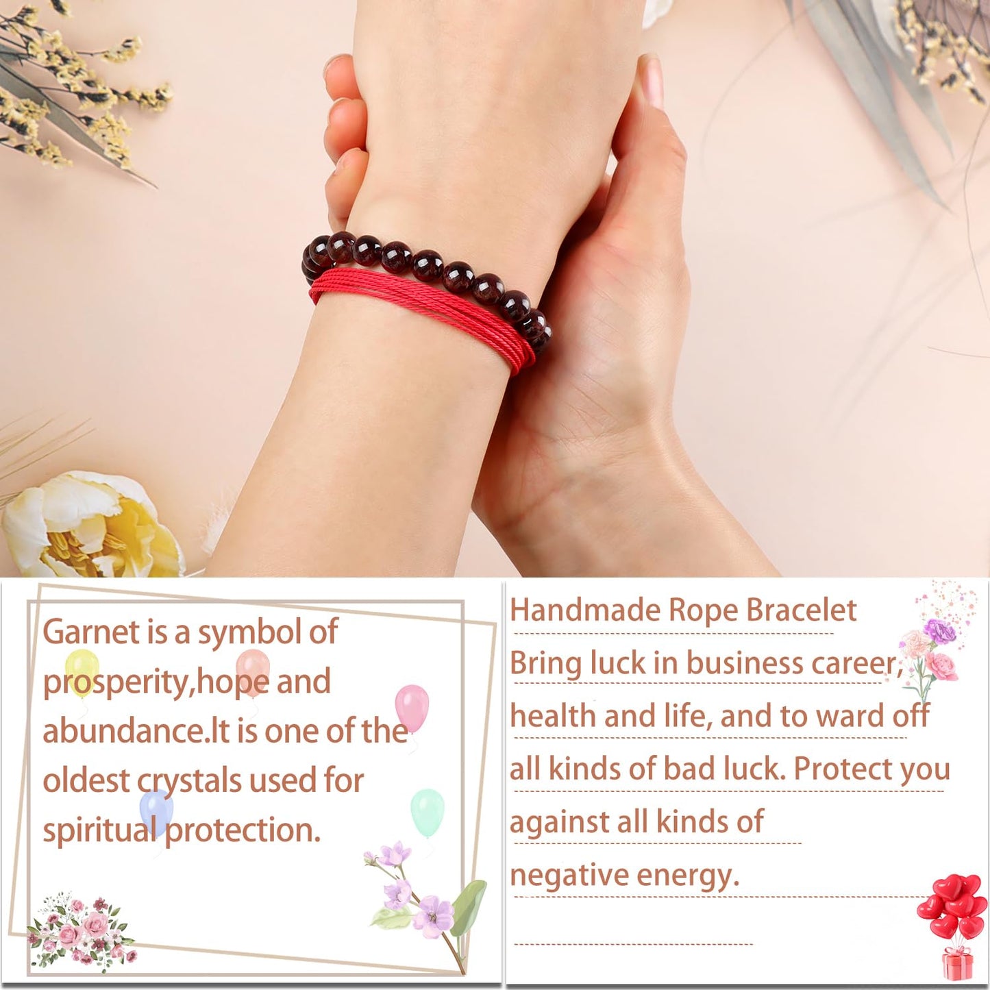 LPBeads 8mm Garnet Bracelet with Handmade Rope Bracelet Size Adjustable Natural Stone Crystal Healing Bracelets Gifts for Unisex Adults