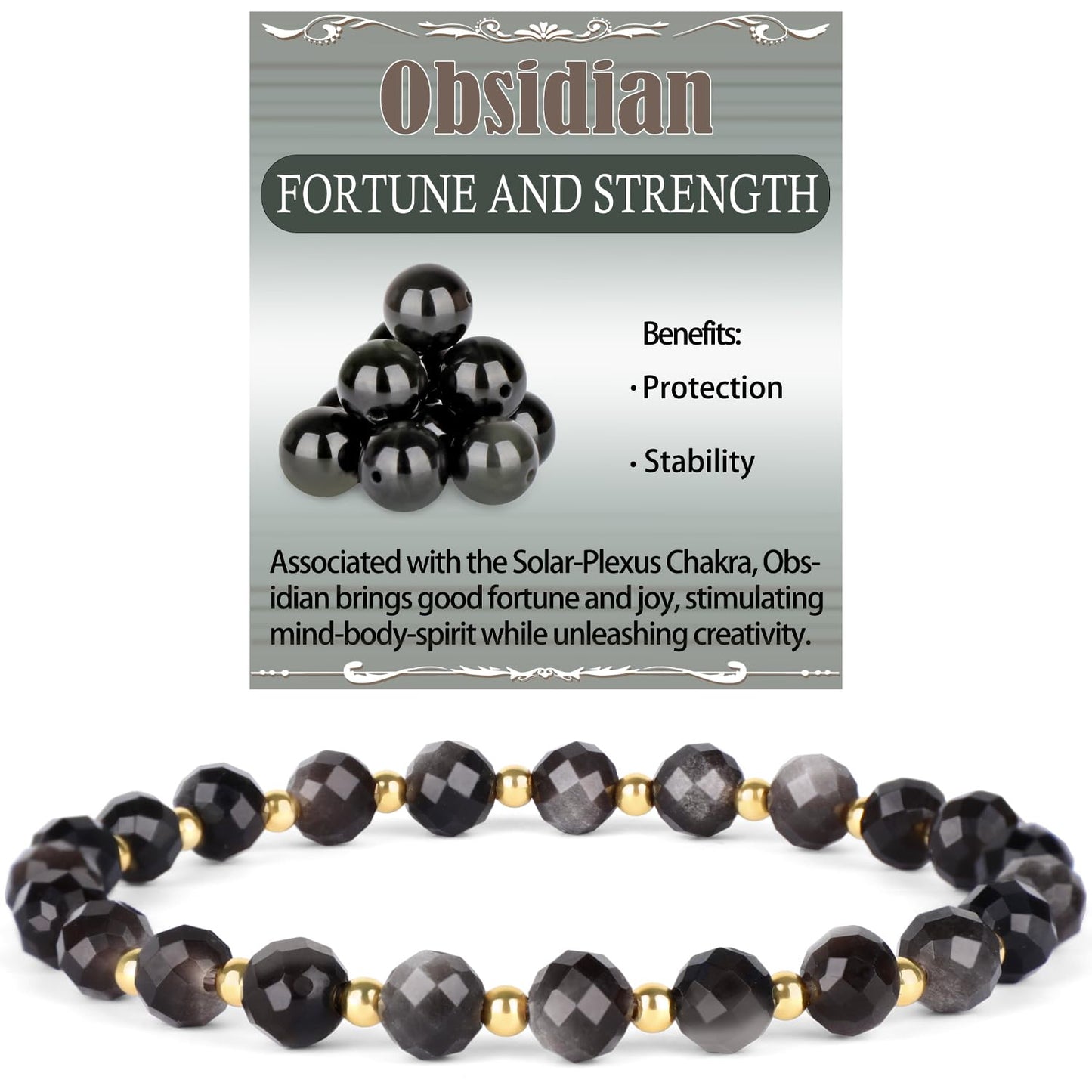 QOGIR Silver Obsidian - Fortune and Strength - 14K Gold Plated Beads Natural Gemstone Stretch Elastic Dainty Healing Beaded Bracelets Gifts 6mm